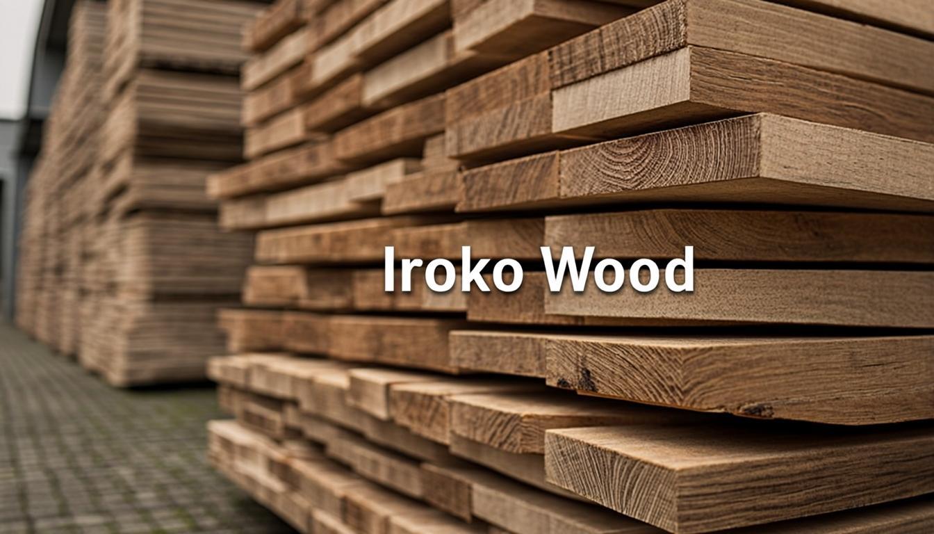 Iroko Wood planks with golden brown color and distinctive grain stacked at timber warehouse