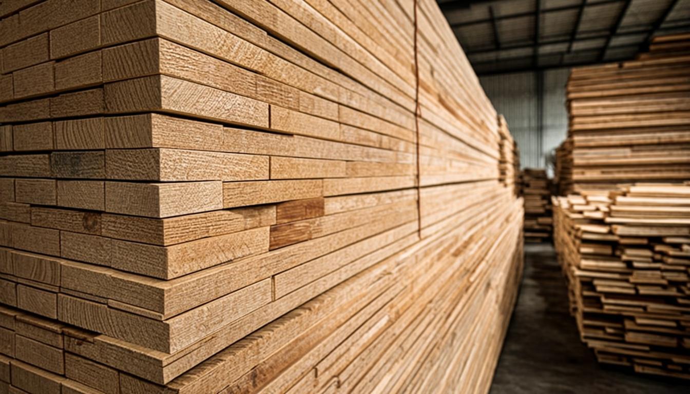 Southern Yellow Pine SYP Wood planks with visible knots and grain stacked at timber warehouse